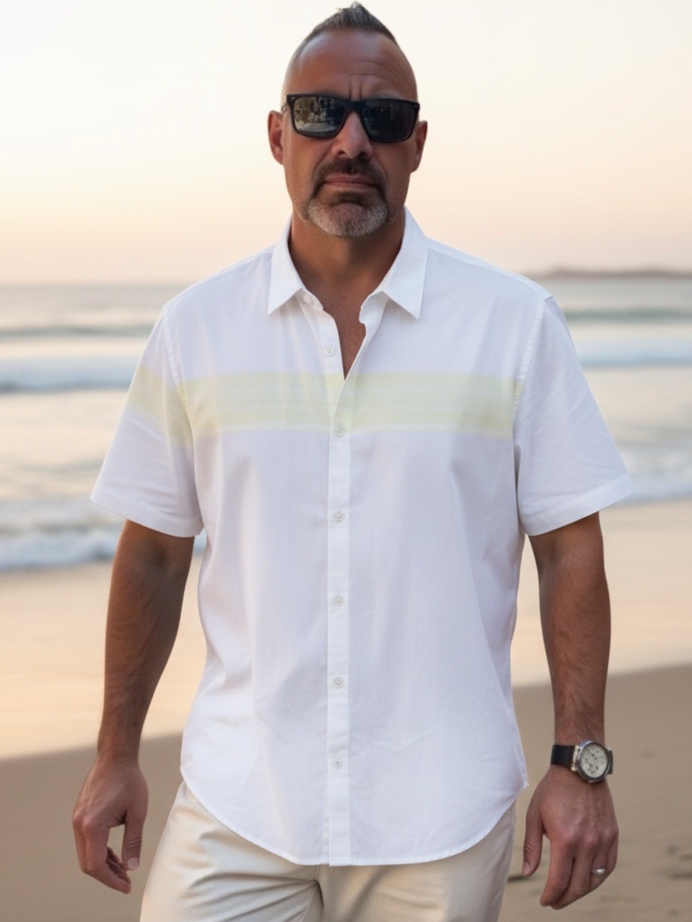 Calvin Klein Men’s XXL White Short Sleeve Cotton Shirt Yellow Stripe
